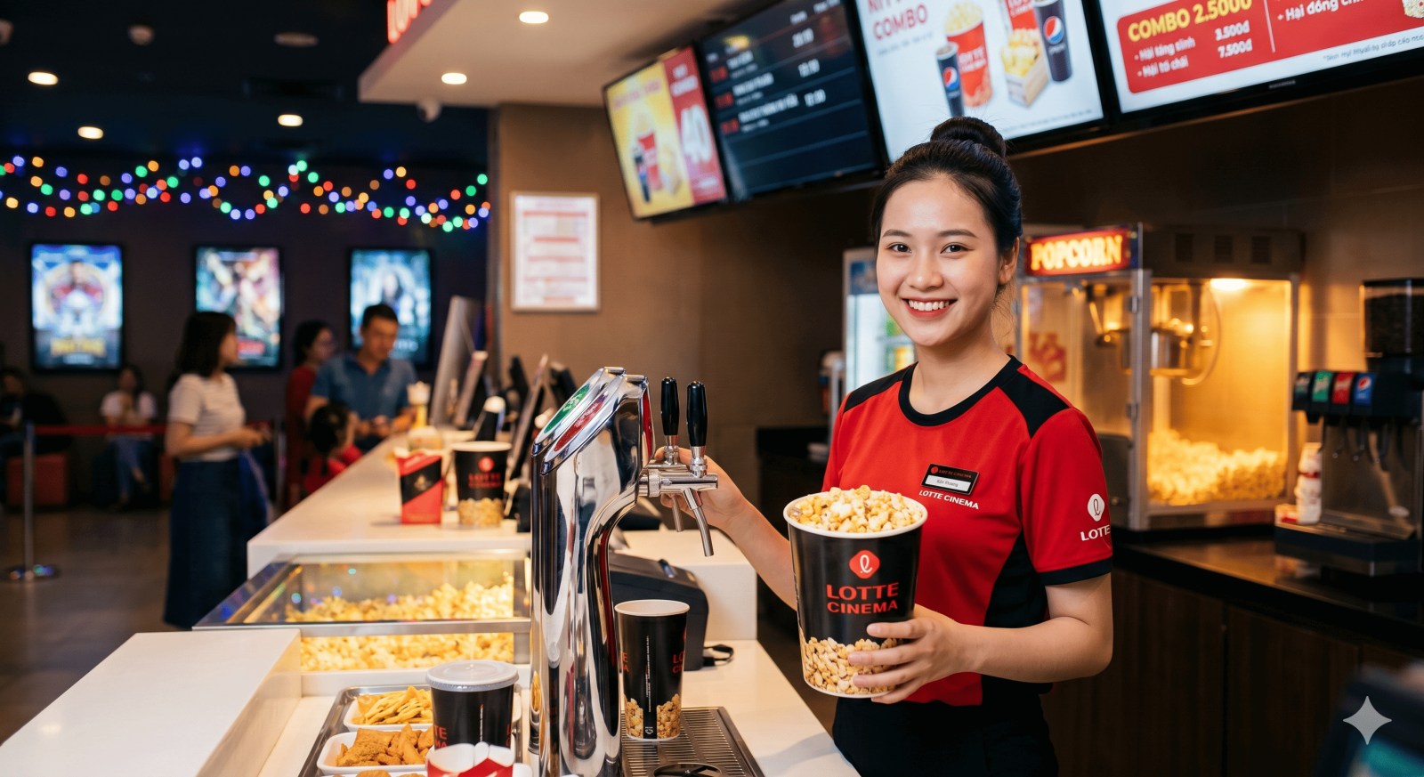 Nhân viên part time Lotte Cinema mỉm cười thân thiện tại quầy bắp nước